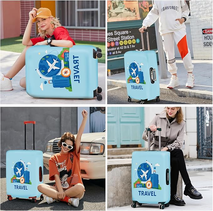 ANNA QUEEN Travel World Luggage Cover, Airplane & Globe Design, Stretchable, Washable Travel Sleeve for 20-34 Inch Suitcases