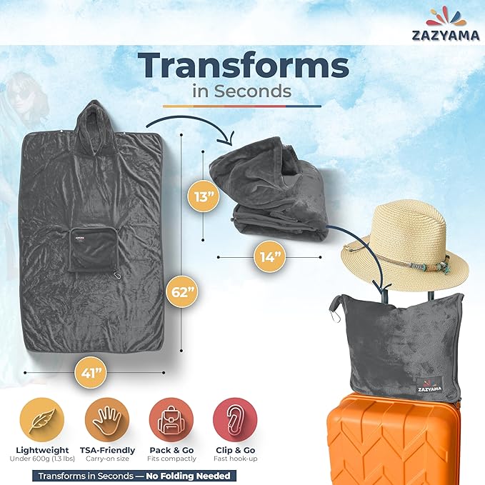3-in-1 Travel Blanket Airplane – Compact with Bag & Pillow Combo Set, Gray Ultra-Soft Fleece | Packable Blanket Compact | Hidden Pocket | Trolley Sleeve | Carabiner | Travel Essentials