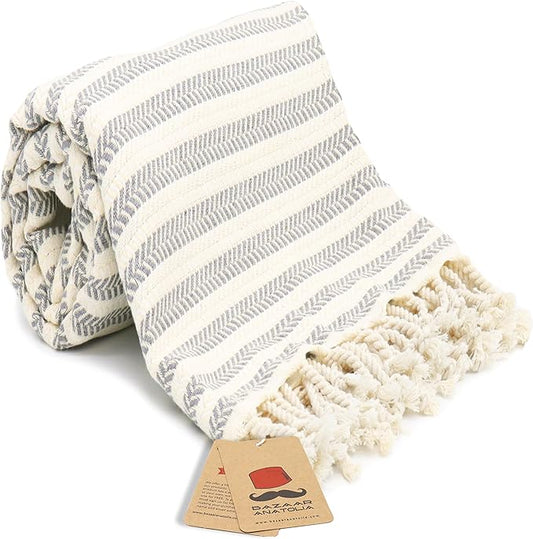 Bazaar Anatolia Turkish Beach Towel – 100% Cotton, Quick Dry, Sand Free Large Towel for Bathroom and Camping – Oversized 71x39 Inches – Arpa Grey