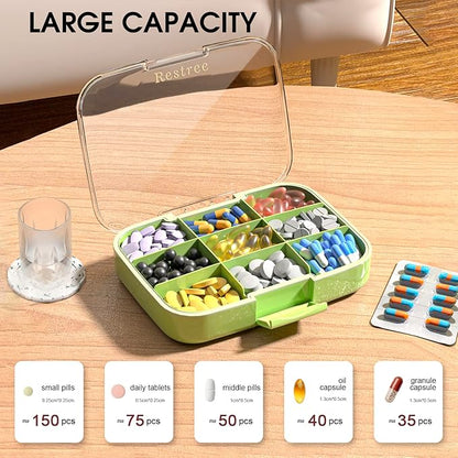Restree Large Pill Organizer, Moisture Proof & Waterproof Travel Pill Case, Portable Medication Box with Adjustable Dividers for Vitamins Supplements Fish Oil and Daily Pills 9 Compartments (Green)