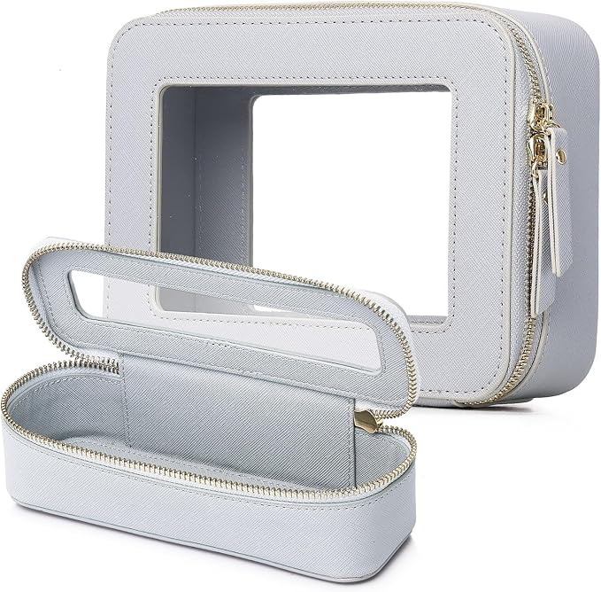 Pinkmik Travel Clear Makeup Bag with Brush Case TSA Approved Toiletry Bag Waterproof Cosmetic Organizer with Zipper Car Essential for Women (Gray, M+SLIM)