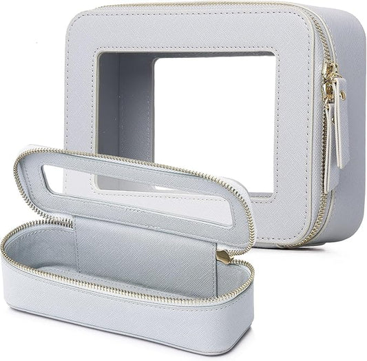 Pinkmik Travel Clear Makeup Bag with Brush Case TSA Approved Toiletry Bag Waterproof Cosmetic Organizer with Zipper Car Essential for Women (Gray, M+SLIM)
