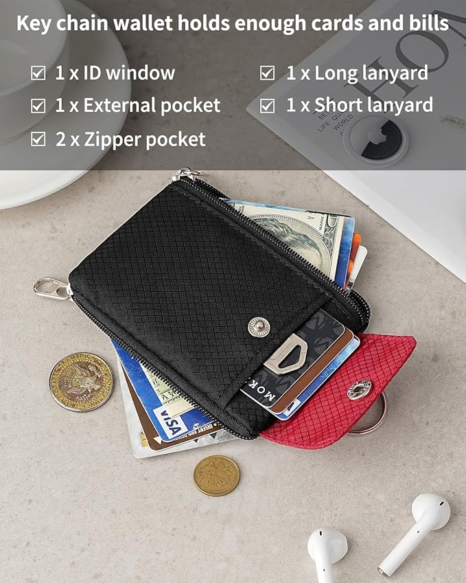 Minimalist Wallet For Mens Womens, Keychain RFID Blocking Zipper Small Wallet with ID Window 2 Lanyards,Water Resistant Travel Cash Card Coin Case Boys Girls