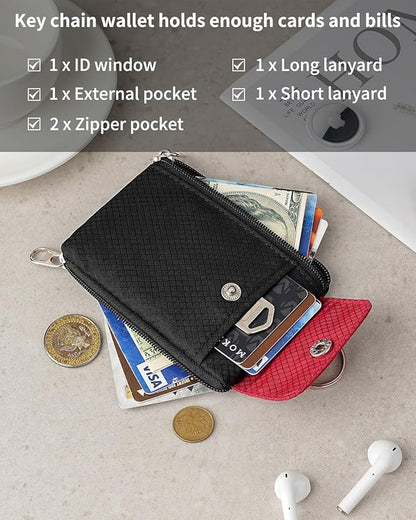Minimalist Wallet For Mens Womens, Keychain RFID Blocking Zipper Small Wallet with ID Window 2 Lanyards,Water Resistant Travel Cash Card Coin Case Boys Girls