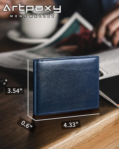 Mens Wallet Bifold Genuine Leather RFID Blocking Wallet for Men with 1 ID Windows 13 Card Holders 2 cash pockets 1 Gift Box