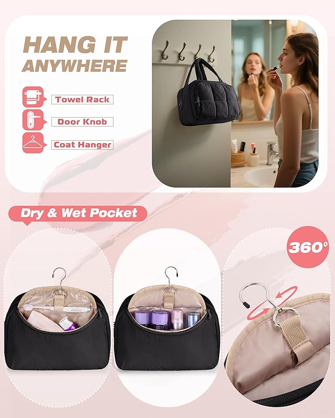 Travel Toiletry Bag for Women with Hanging Hook, Water Resistant Puffy Makeup Organizer with Leak Proof Pockets for Toiletries and Cosmetics - Black (Bag Only)