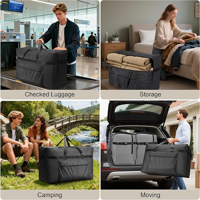 SUNUP Large Duffle Bag for Travel, 80L Foldable Travel Duffel Bag for Men Women, Waterproof Overnight Weekender Moving Storage Bags, Black