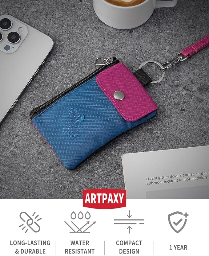 Minimalist Wallet For Mens Womens, Keychain RFID Blocking Zipper Small Wallet with ID Window 2 Lanyards,Water Resistant Travel Cash Card Coin Case Boys Girls