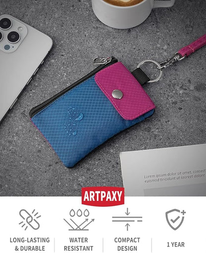 Minimalist Wallet For Mens Womens, Keychain RFID Blocking Zipper Small Wallet with ID Window 2 Lanyards,Water Resistant Travel Cash Card Coin Case Boys Girls