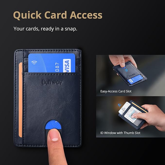 Buffway Slim Minimalist Front Pocket RFID Blocking Leather Wallets for Men and Women - Alaska Blue