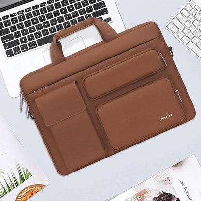 MOSISO Laptop Shoulder Bag 15.6 inch, 15-15.6 inch Computer Bag Compatible with MacBook Pro 16 inch, HP, Dell, Lenovo, Notebook with 2 Raised&1 Flapover&1 Horizontal Pocket&Handle&Belt, Caramel Brown
