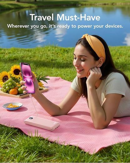 VRURC Portable Charger Power Bank with Wall Plug, 10000mAh Portable Charger with Built in Cables, PD 20W Fast Charging Portable Charger with Cords External Charger Travel Accessories-Pink(1 Pack)