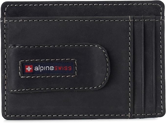 Alpine Swiss RFID Dermot Money Clip Front Pocket Wallet For Men Leather Hampton Collection Nubuck Black