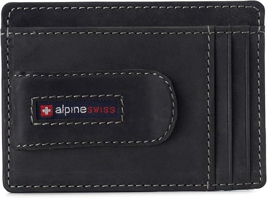 Alpine Swiss RFID Dermot Money Clip Front Pocket Wallet For Men Leather Hampton Collection Nubuck Black