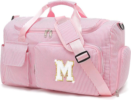 Kids Travel Duffle Bag Dance Bag Gifts for Girls Initial Gym Bag with Shoes Compartment for Women Lightweight Weekender Bags Pink-M
