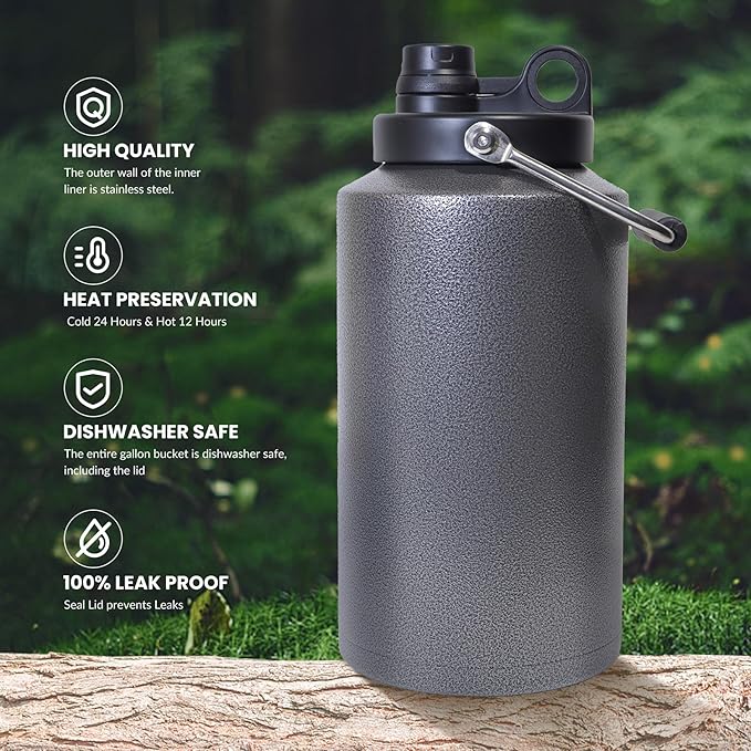 1 Gallon Water Jug Bottle Insulated with Straw, 128oz Stainless Steel Water Bottle Jug Wide Mouth Double Vacuum Dishwasher Safe BPA Free for Hot & Cold Drinks Charcoal Gray