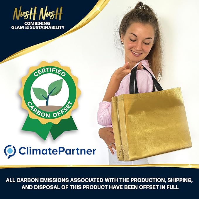 Nush Nush Shiny Gold Gift Bags Bulk – Set of 60 Reusable Gold Gift Bags With Handles - Perfect Goodie Bags Christmas Gifts, Birthday Party Favors, Small Business, Events, Weddings - 13Wx5Dx11H Size