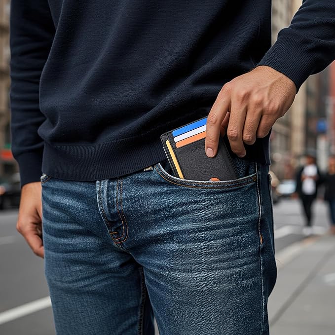 Buffway Slim Minimalist Front Pocket RFID Blocking Leather Wallets for Men and Women - Cross Black