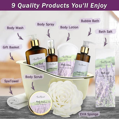 Spa Gift Baskets For Women - Luxury Bath Set With Lavender & Tea Tree Oil - Spa Kit Includes Body Wash, Bubble Bath, Lotion, Bath Salts, Body Scrub, Body Spray, Shower Puff, and Towel