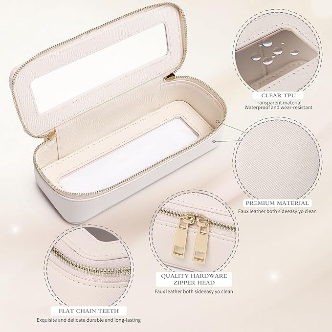 Pinkmik Makeup Brush Case Clear Travel Cosmetic & Toiletry Bag Small Makeup Bag with Zipper Purse Organizer Car Essential Bag for Women (Beige, SLIM)
