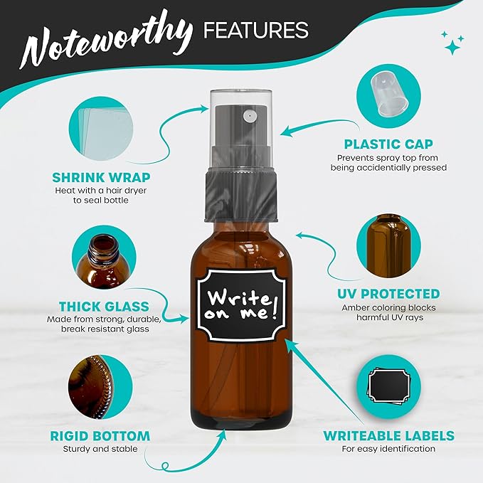 Nevlers 1 Oz Amber Glass Spray Bottles Small 24 Pack | Travel Spray Bottle Set w/Shrink Wrap, Funnel, Brush, Marker, & Labels | Dark Glass Bottles for Oil & Water | Perfume Travel Refillable Bottle