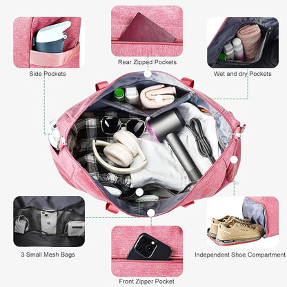 For Spirit Airlines Personal Item Bag 18x14x8, Foldable Small Travel Duffel Bags Gym Duffle Weekender Overnight Carry on Luggage Bag with Wet Pocket & Shoe Compartment for Women Men(Pink, 30L)