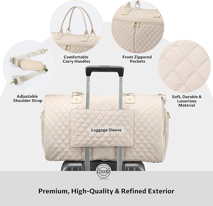 STOVER Women’s Convertible Garment Duffel Bag for Travel – 2-in-1 Carry-On Weekender/Overnight Tote - Wrinkle-Free Dresses, Hanging Suits & Clothes + Shoe Compartment & Bonus Toiletry Bag (Cream)