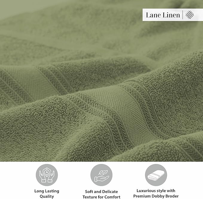 Lane Linen 100% Cotton 4 Pack Bath Towels (30"x60") - Zero Twist, Mercerized Cotton Bathroom Towel Set - Quick Dry, Extra Soft & Absorbent Large Bath Towels - Tumble Dry Regains Fluffiness - Oil Green