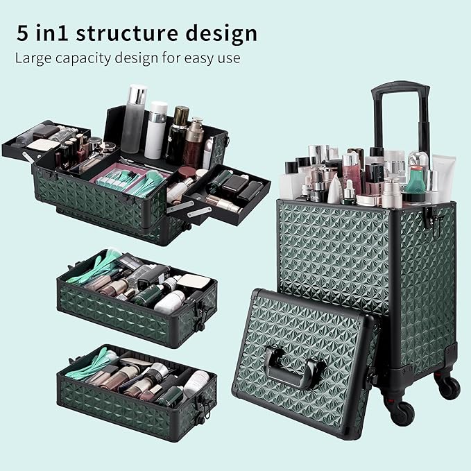 Rolling Makeup Case, Makeup Train Case with Lid, 5 in 1 Cosmetology Case on Wheels, Christmas Gift, Large Makeup Case Organizers, Profesional Cosmetic Case for Salon Barber,Black Green