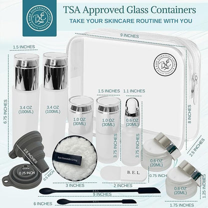14 Pcs Travel Skincare Containers Set-TSA Approved Toiletry Bag & Glass Travel Bottles for Toiletries Pump, Spray & Dropper Bottles Travel Size Containers for Foundation, Serum Moisturizer Oil & Cream
