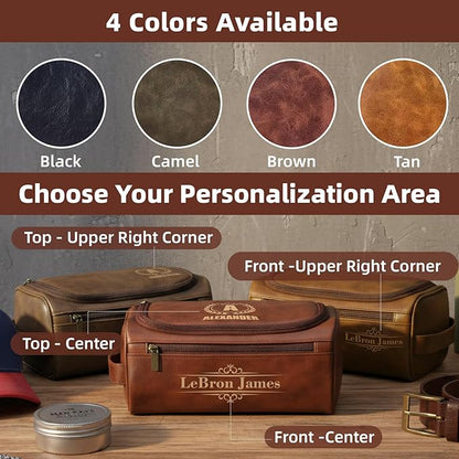 Personalized Toiletry Bag for Men, Custom Leather Shaving Dopp Kit for Him, Engraved Name Initials Travel Bag for Husband, Personalized Christmas Birthday Gifts for Men Dad Groomsmen-Camel