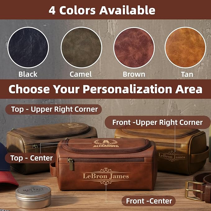 Personalized Toiletry Bag for Men, Custom Leather Shaving Dopp Kit for Him, Engraved Name Initials Travel Bag for Husband, Personalized Christmas Birthday Gifts for Men Dad Groomsmen-Brown