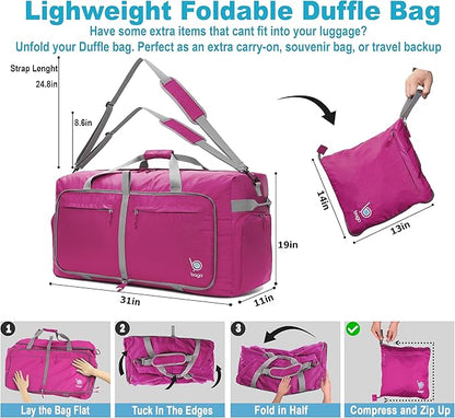 Bago Large Foldable Duffel Bags for Traveling Women & Men - 120L Packable Duffle Bag for Travel with Shoe Compartment - Water Repellant, Heavy Duty, Lightweight Folding & Collapsible (Pink)