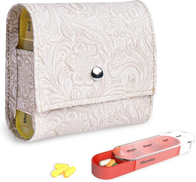 Pill Organizer,LIZIMANDU Weekly Travel Pill Case Box Medication Reminder Daily AM PM, Day Night 7 Compartments,for 4 Times A Day, 7 Days a Week-Includes Leather PU Carrying Case(1-Carved White)