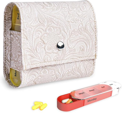Pill Organizer,LIZIMANDU Weekly Travel Pill Case Box Medication Reminder Daily AM PM, Day Night 7 Compartments,for 4 Times A Day, 7 Days a Week-Includes Leather PU Carrying Case(1-Carved White)