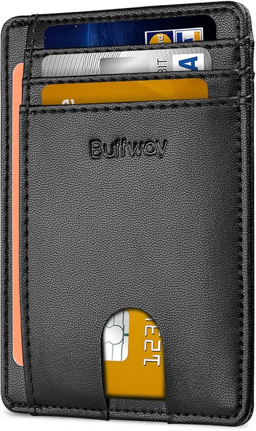 Buffway Slim Minimalist Front Pocket RFID Blocking Leather Wallets for Men and Women - Sand Black