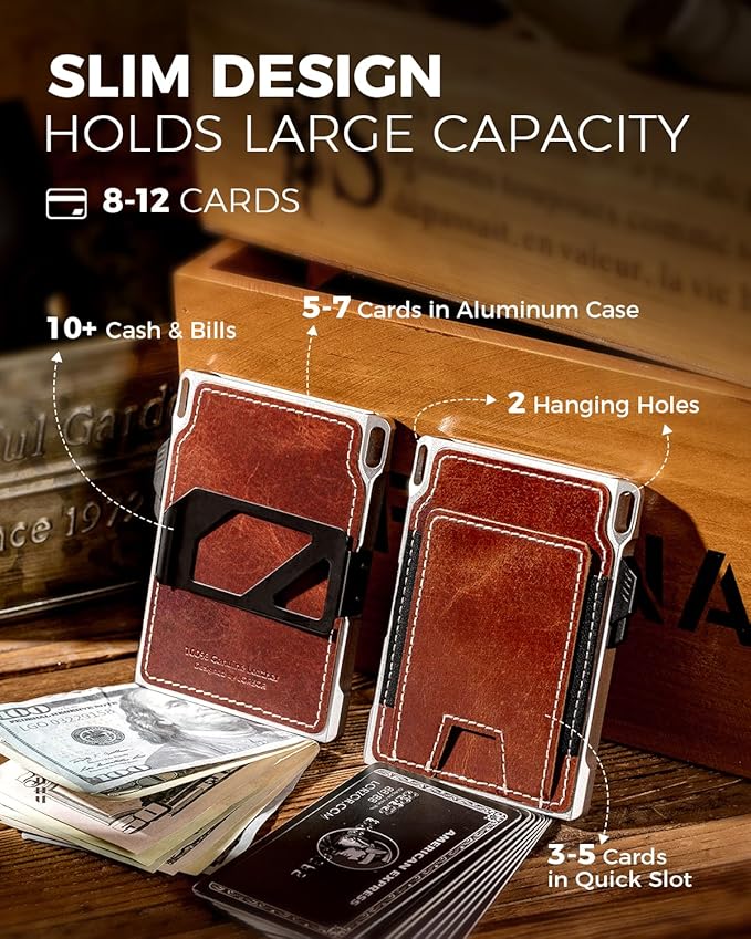 LORZOR Slim Tactical Wallet for Men- Minimalist Full Grain Leather Wallet for 12 Cards, RFID Blocking Aluminum Cardholder, Smart Pop Up Card Case, Front Pocket, Money Clip, Gift for Men(VintageBrown)