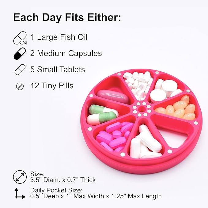 Travel RX Pill Case by Type Two Labs – Weekly 7 Day Pill Box, Compact Magnetic Pill Organizer for Purses or Pockets, Rugged Daily Caddy Holds Vitamins, Supplements, Medication. (Vivid Magenta)