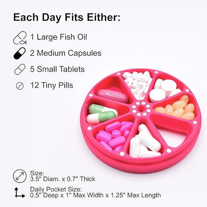 Travel RX Pill Case by Type Two Labs – Weekly 7 Day Pill Box, Compact Magnetic Pill Organizer for Purses or Pockets, Rugged Daily Caddy Holds Vitamins, Supplements, Medication. (Vivid Magenta)