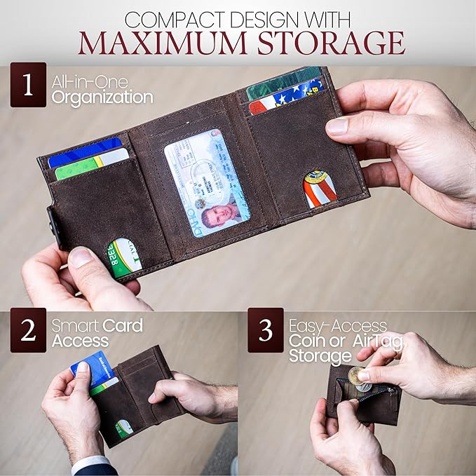 BULL GUARD Trifold RFID Blocking Front Pocket Wallet for Men, Secure Card Slots & Coin Pocket, Durable Full Grain Leather Craftmanship in Crazy Horse