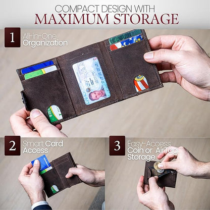 BULL GUARD Trifold RFID Blocking Front Pocket Wallet for Men, Secure Card Slots & Coin Pocket, Durable Full Grain Leather Craftmanship in Crazy Horse