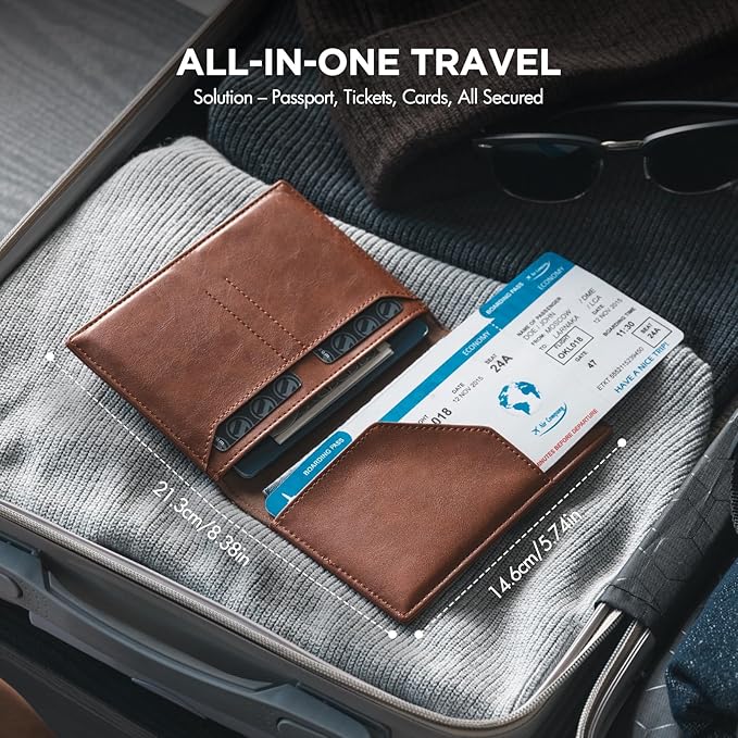 VULKIT Passport Holder for Travel, Rfid Blocking Passport Cover, Slim Travel Wallet for Men & Women, Cognac Brown