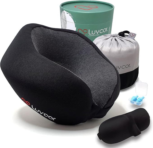 Premium Quality Memory Foam Travel Neck Pillow Bundle - Best Ergonomic Pillow for Airplane Travel, car Ride, Sleeping. Comes with Eye mask, earplugs and Storage Bag.(Stealth Black)