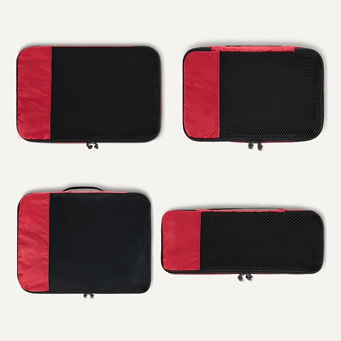 Amazon Essentials 4-Piece Packing Cubes Travel Accessories Set, Luggage Organizer with Double Zipper, Mesh Top, 100% Polyester, Small/Medium/Large/Slim, Red (Previously Amazon Basics)