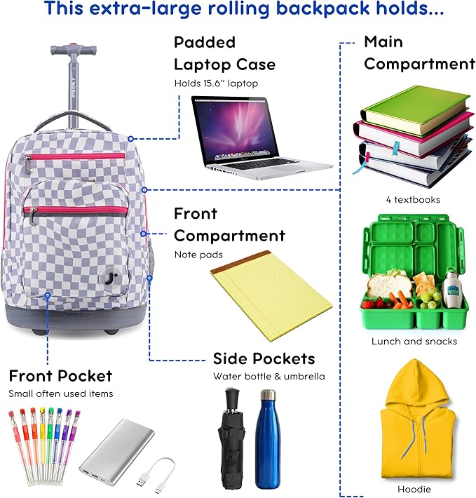 J World Sundance Laptop Rolling Backpack for Girls Boys. Roller Bookbag with Wheels, Lavender Checkers