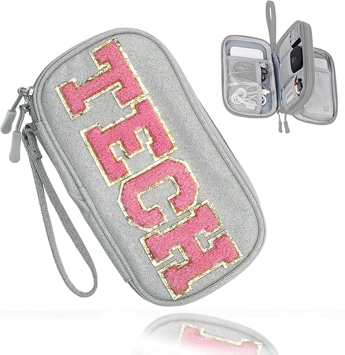 COSHAYSOO Electronics Accessories Organizer Bag with Chenille Letter Patch TECH for Women Travel Gifts, Traveling Essentials Compact Case Waterproof Must Have Pouch for Cord Charger Adapter (Gray)
