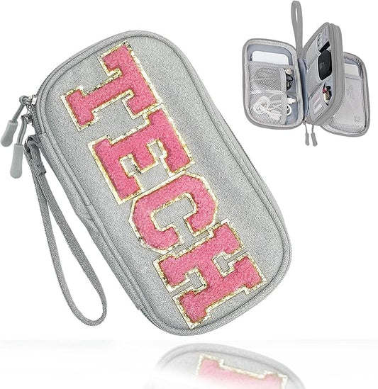COSHAYSOO Electronics Accessories Organizer Bag with Chenille Letter Patch TECH for Women Travel Gifts, Traveling Essentials Compact Case Waterproof Must Have Pouch for Cord Charger Adapter (Gray)