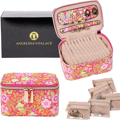 Angelina's Palace Jewelry Organizer Case Bridesmaid Gifts Travel Bag Vegan Leather Box for Necklace Earring Bracelet Ring(blossom fuschia)