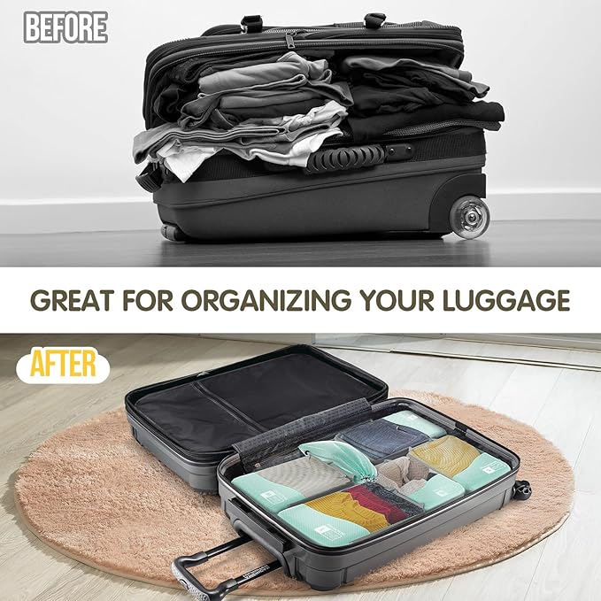 Compression Packing Cubes 8 Set, Dual Zipper Compression Packing Cubes for Travel, See-Through Mesh Packing Bags for Suitcases, packing cubes with shoe bag