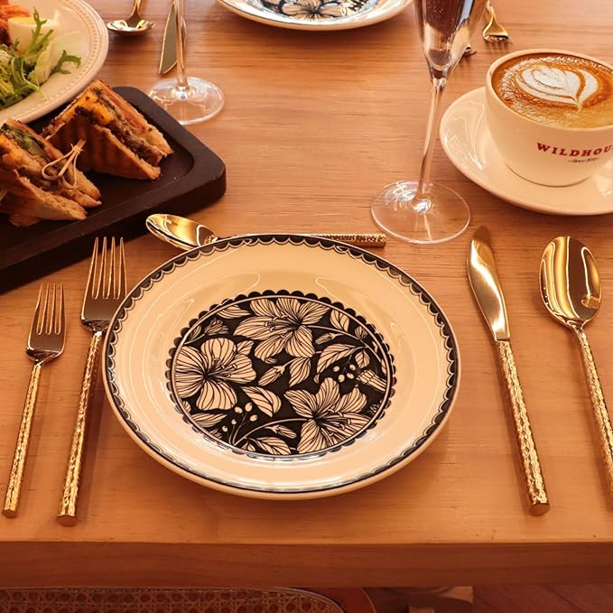 18/10 Stainless Steel Flatware Set Hand Forged Silverware Set Cutlery Set Shiny Gold Round Hammered Handle Mirror Finished 20 Pieces Service for 4